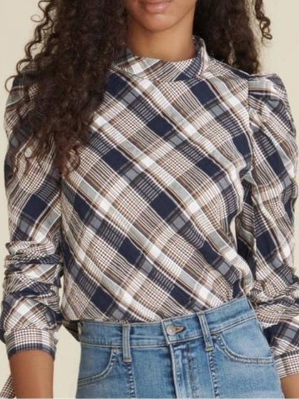 Veronica Beard Isabel Plaid Blouse Navy White Brown Plaid Puff-Sleeve Size 00